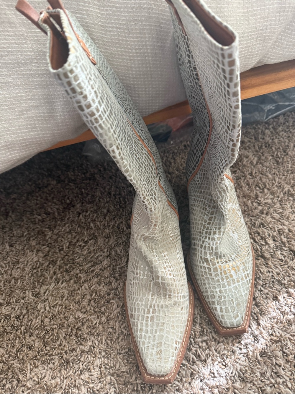 Free People Cream Croc-Embossed Pointed-Toe Mid-Calf Boots